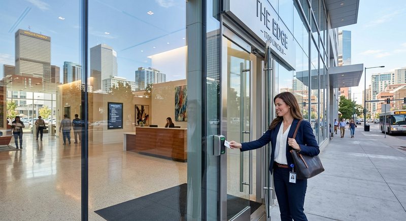 Commercial office building with modern access control system and keycard reader