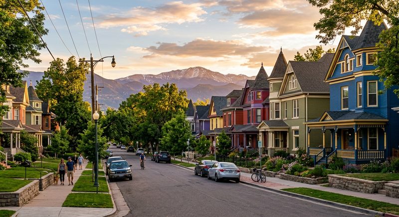 Denver Capitol Hill residential street with Victorian homes and Rocky Mountains