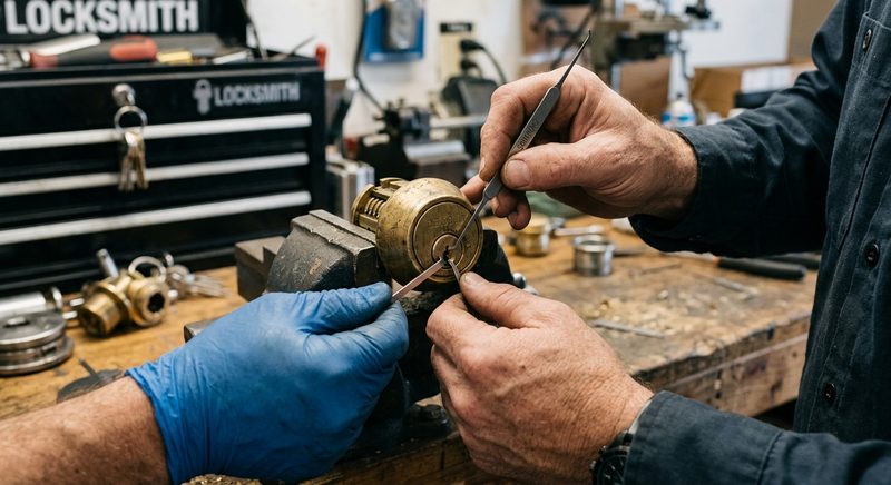 Professional locksmith tools and lock cylinder, detail work