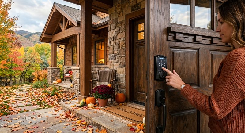 Modern smart lock on Colorado craftsman home door with autumn leaves