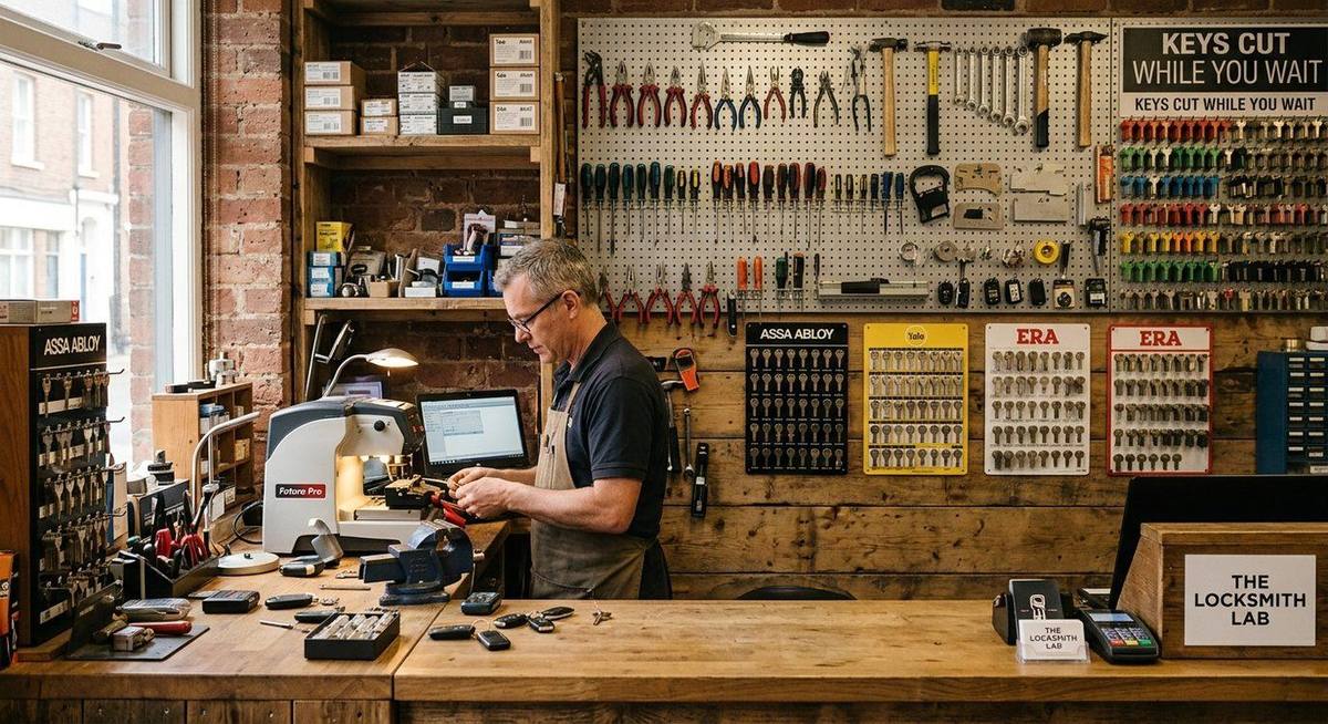 Professional locksmith workshop with organized tools and keys displayed