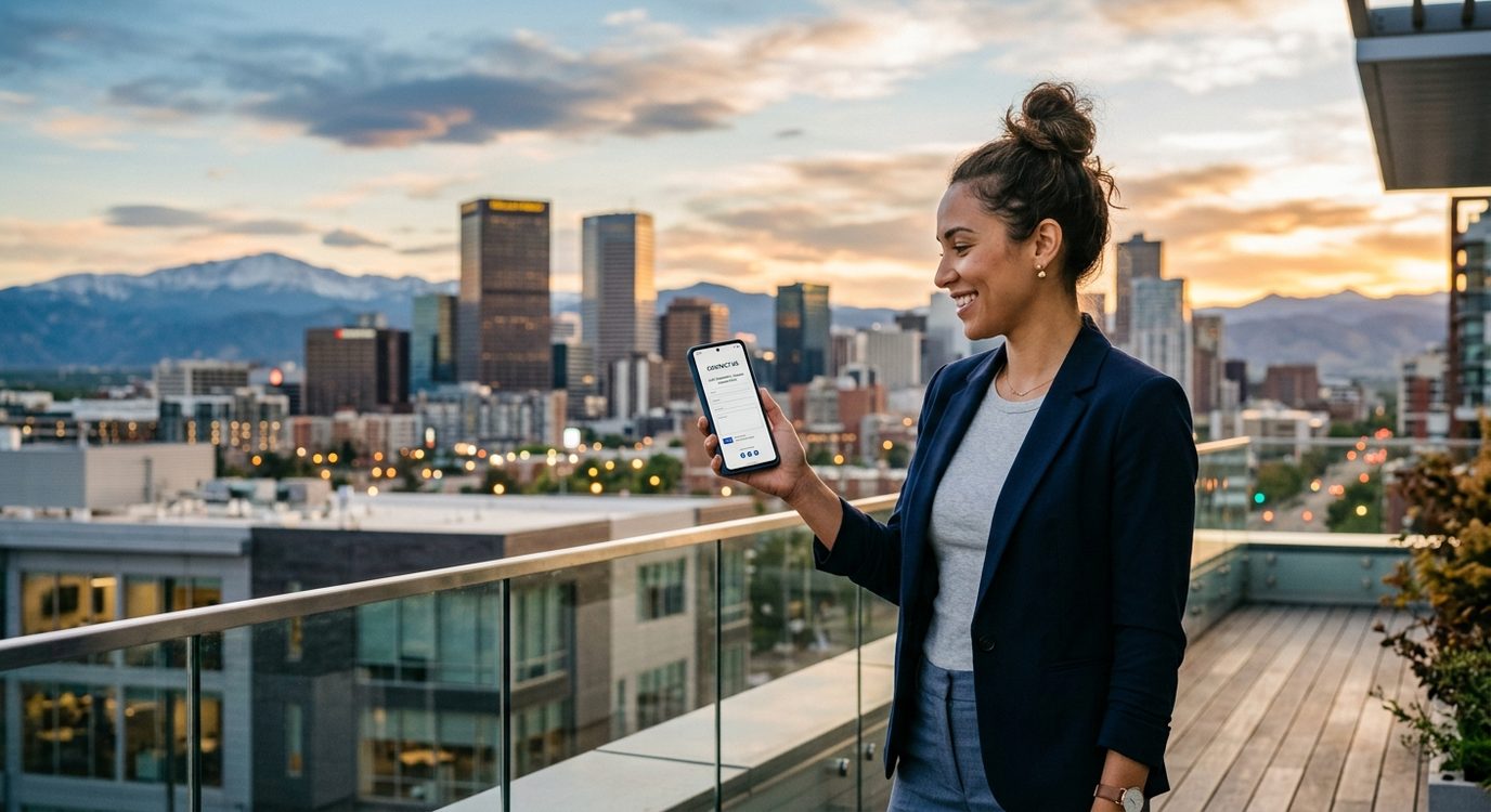 Person holding smartphone with Denver cityscape and mountains in background