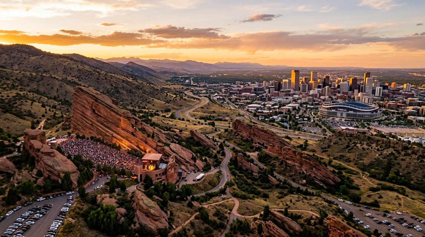 Denver Colorado landmark aerial view at golden hour, FAQ page hero