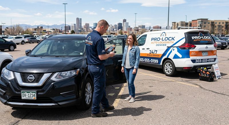 Automotive locksmith with key programmer beside customer's car in Denver