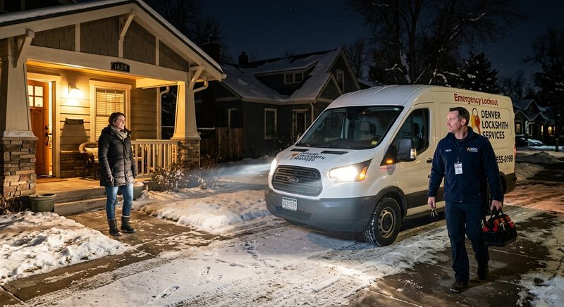 Emergency locksmith arriving at Denver home at night, homeowner at door