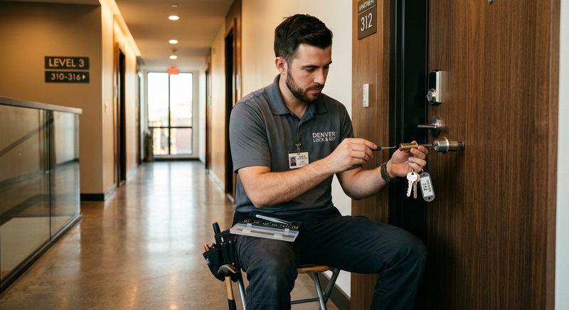 Locksmith rekeying door lock at Denver apartment, holding new key set