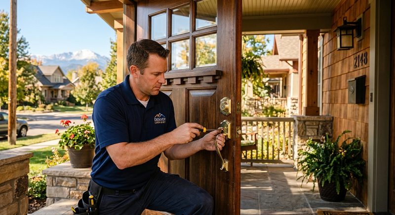 Locksmith working on residential deadbolt at Denver home front door