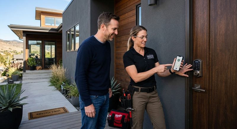 Locksmith installing smart lock keypad on Denver home front door